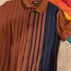 Express Men's Brown and Navy Striped Shirt